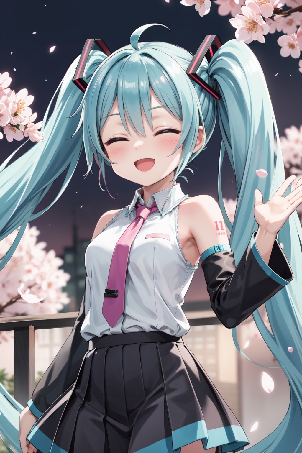 
(best quality:1.2), (hyper detailed),

1girl, armpits, bare shoulders, black skirt, blurry, blurry background, blurry foreground, cherry blossoms, cherry hair ornament, closed eyes, depth of field, detached sleeves, floating hair, hair ornament, happy, hatsune miku, long hair, necktie, open mouth, petals, pink flower, pink hair, pink necktie, pleated skirt, sakura miku, shirt, skirt, sleeveless, sleeveless shirt, smile, solo, twintails, upper body, very long hair, white shirt, 