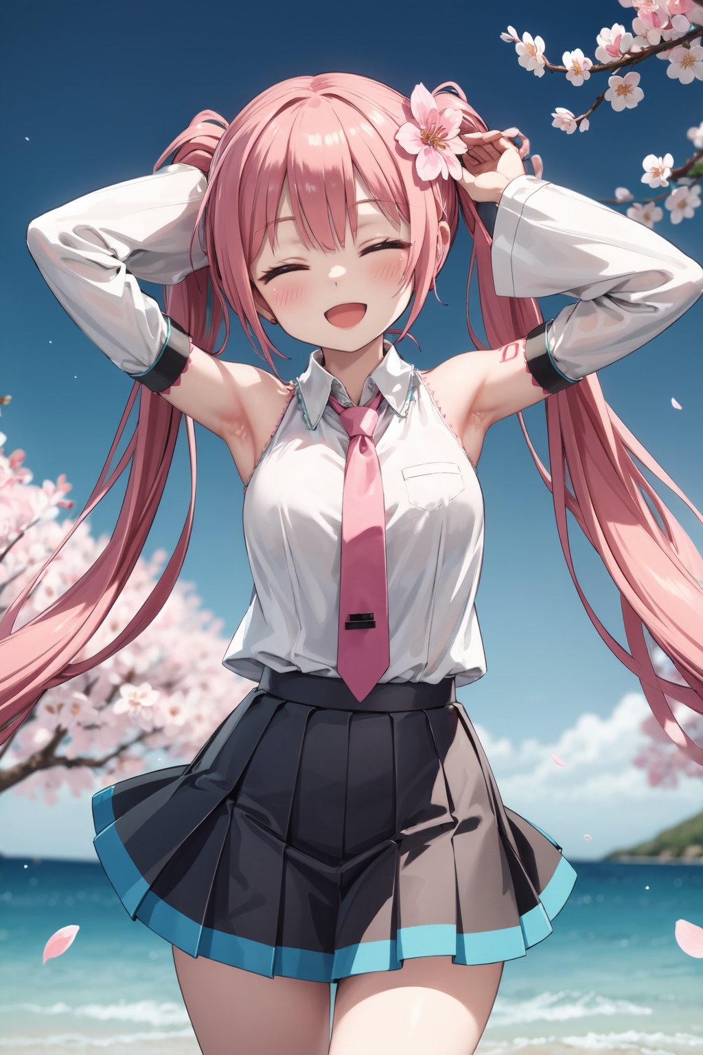 
(best quality:1.2), (hyper detailed),

1girl, armpits, bare shoulders, black skirt, blurry, blurry background, blurry foreground, cherry blossoms, cherry hair ornament, closed eyes, depth of field, detached sleeves, floating hair, hair ornament, happy, hatsune miku, long hair, necktie, open mouth, petals, pink flower, pink hair, pink necktie, pleated skirt, sakura miku, shirt, skirt, sleeveless, sleeveless shirt, smile, solo, twintails, upper body, very long hair, white shirt, 