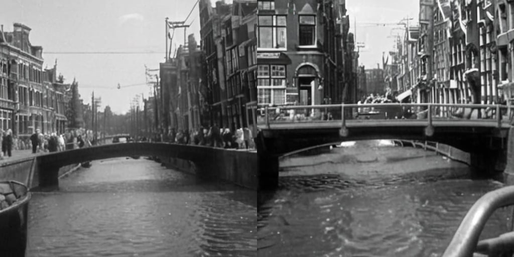 1940's photograph of a canal in Amsterdam <lora:P1940:1>