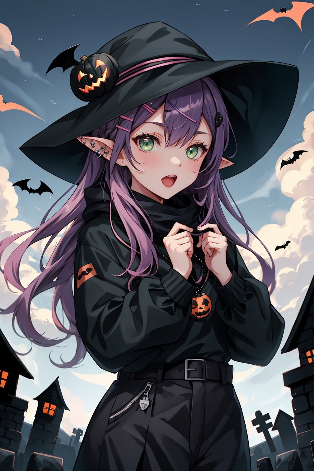  Halloween, jack-o'-lantern, bat, bat, Tombstone, Best quality, 8k, virtual youtuber, tokoyami towa, green eyes, hat, pointy ears, hair ornament, purple hair, looking at viewer, piercing, outdoors, sky, open mouth, long hair, 1girl, cloud, multicolored hair, hairclip, pink hair