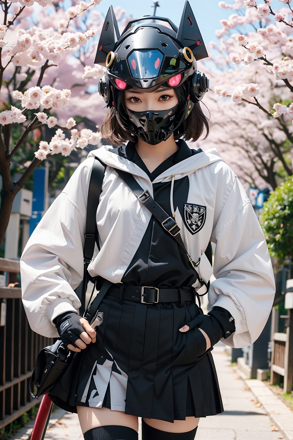 Masked knight build, mecha, samurai, samurai helmet, katana, slashing, power armor, exoskeleton, punk style, poster. Aspect ratio, battle flag, young girl, pink, JK-style skirt, black knee-high socks, cherry blossoms. The design has a modern punk vibe, featuring an exoskeleton, a headband, gloves, and a school uniform.,miji