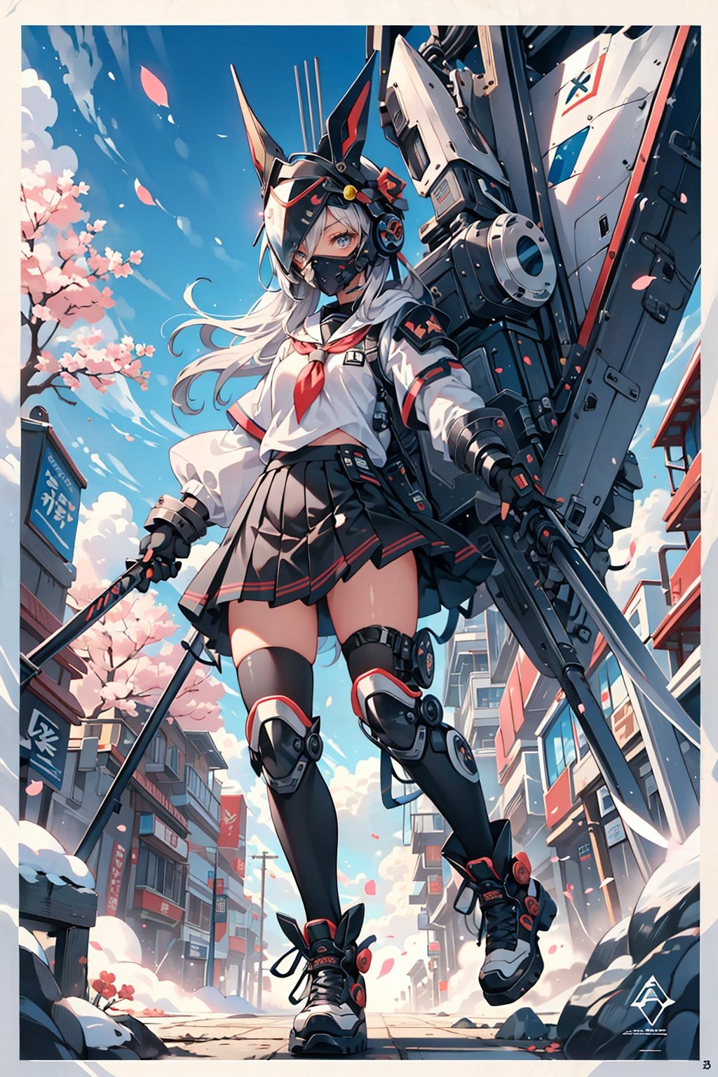 Masked knight build, mecha, samurai, samurai helmet, katana, slashing, power armor, exoskeleton, punk style, poster. Aspect ratio, battle flag, young girl, pink, JK-style skirt, black knee-high socks, cherry blossoms. The design has a modern punk vibe, featuring an exoskeleton, a headband, gloves, and a school uniform.,miji