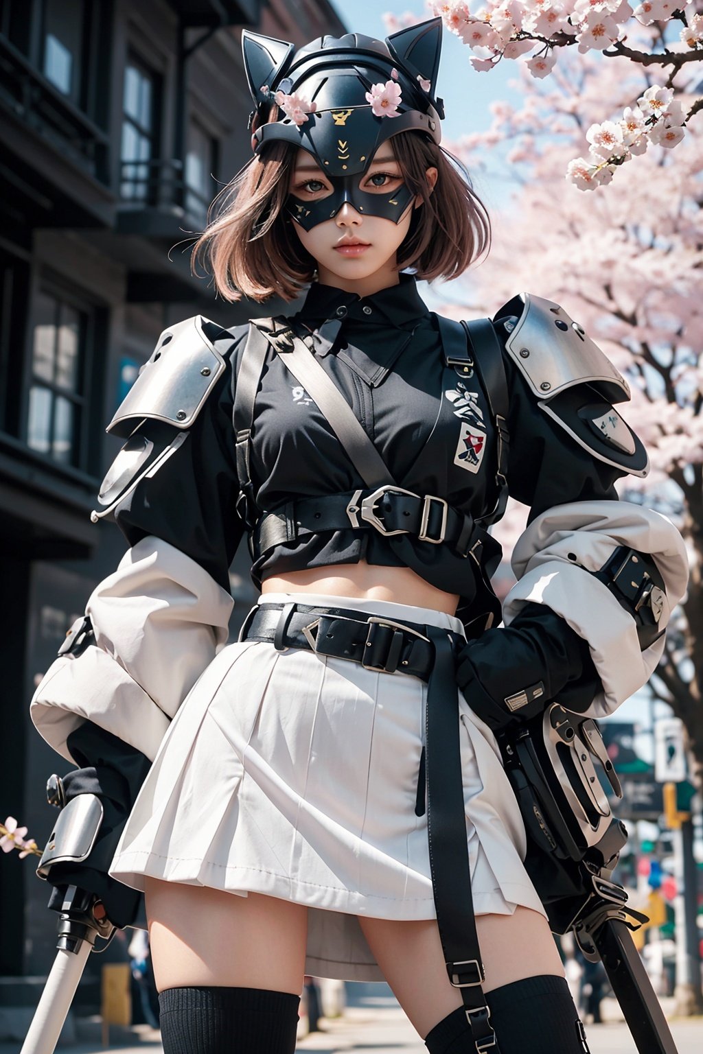 Masked knight build, mecha, samurai, samurai helmet, katana, slashing, power armor, exoskeleton, punk style, poster. Aspect ratio, battle flag, young girl, pink, JK-style skirt, black knee-high socks, cherry blossoms. The design has a modern punk vibe, featuring an exoskeleton, a headband, gloves, and a school uniform.,miji