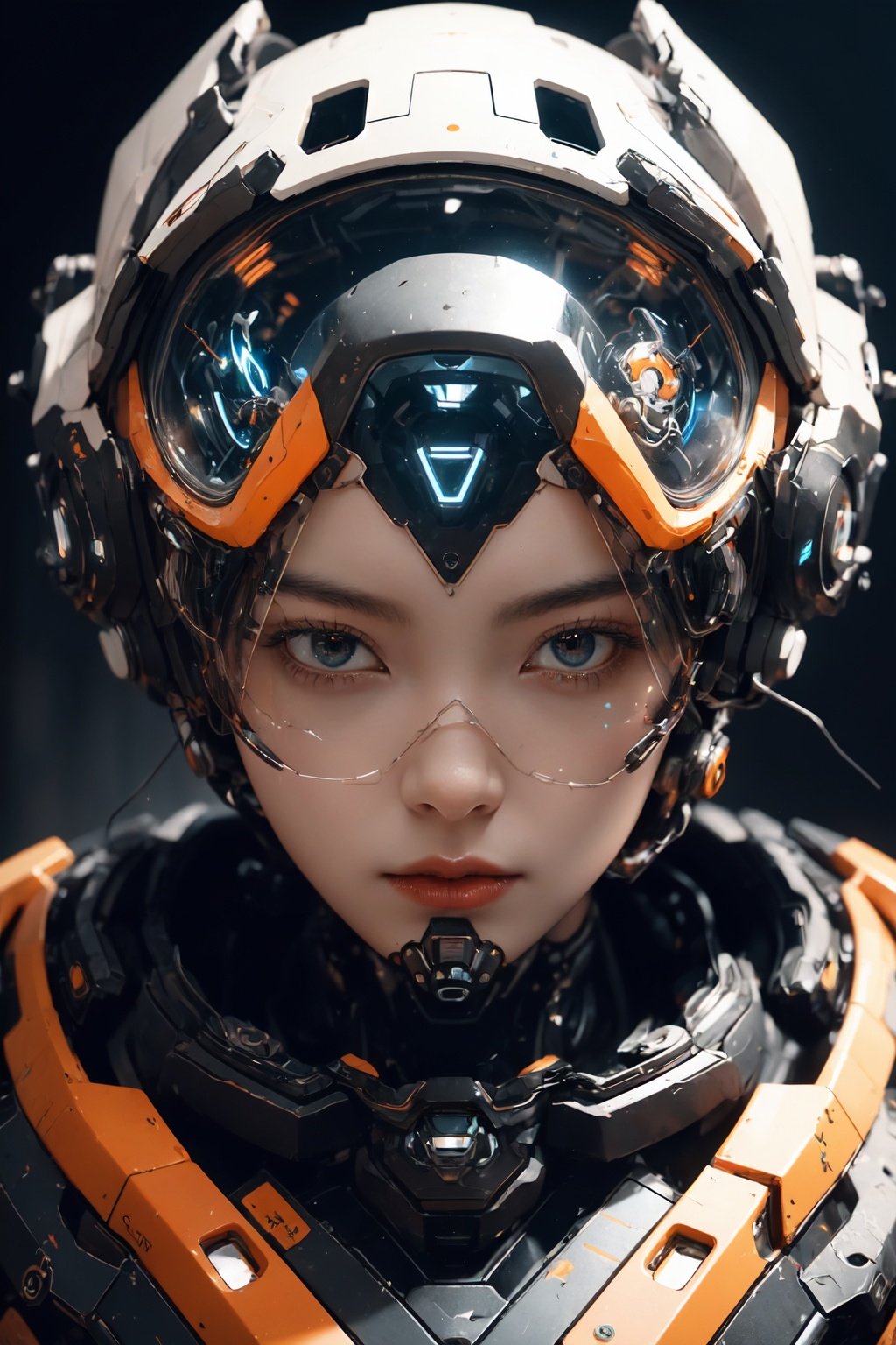 1girl,  universe background,explode, medium shot, bokeh, (hdr:1.4), high contrast, (cinematic:0.85), (dark background:1.3), low saturation,cyborg,flat,EpicSky,Cyberpunk Concept,mech,glass,wangqihuiyilu,Colorful portraits,mecha,broken glass,falling,FUJI,Wearing orange astrosuit