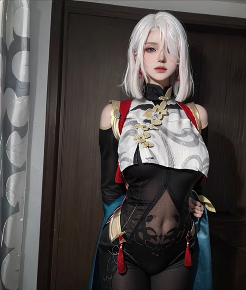 (masterpiece, best quality:1.4),finely detailed,1girl,solo,pale skin,perfect body,glossy skin,killer,shenhe \(genshin impact\),(hair over one eye),long hair,tassel,gloves,breast curtain,(black bodysuit),bodysuit,tassel earrings,(close-up photo:1.1),(supergiant breasts:1.3),(arms behind back),white hair,(hair decoration),<lora:原神申鹤killer -000008:0.8>,<lora:修女cos服v1.0:0.8:1,0,0,0,0,0,0,0,1,1,1,0,0,0,0,0,0 >,