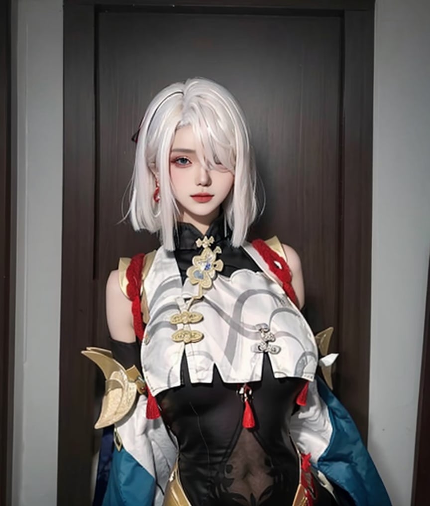 (masterpiece, best quality:1.4),finely detailed,1girl,solo,pale skin,perfect body,glossy skin,killer,shenhe \(genshin impact\),(hair over one eye),long hair,tassel,gloves,breast curtain,(black bodysuit),bodysuit,tassel earrings,(close-up photo:1.1),(supergiant breasts:1.3),(arms behind back),white hair,(hair decoration),<lora:原神申鹤killer -000008:0.8>,<lora:修女cos服v1.0:0.8:1,0,0,0,0,0,0,0,1,1,1,0,0,0,0,0,0 >,