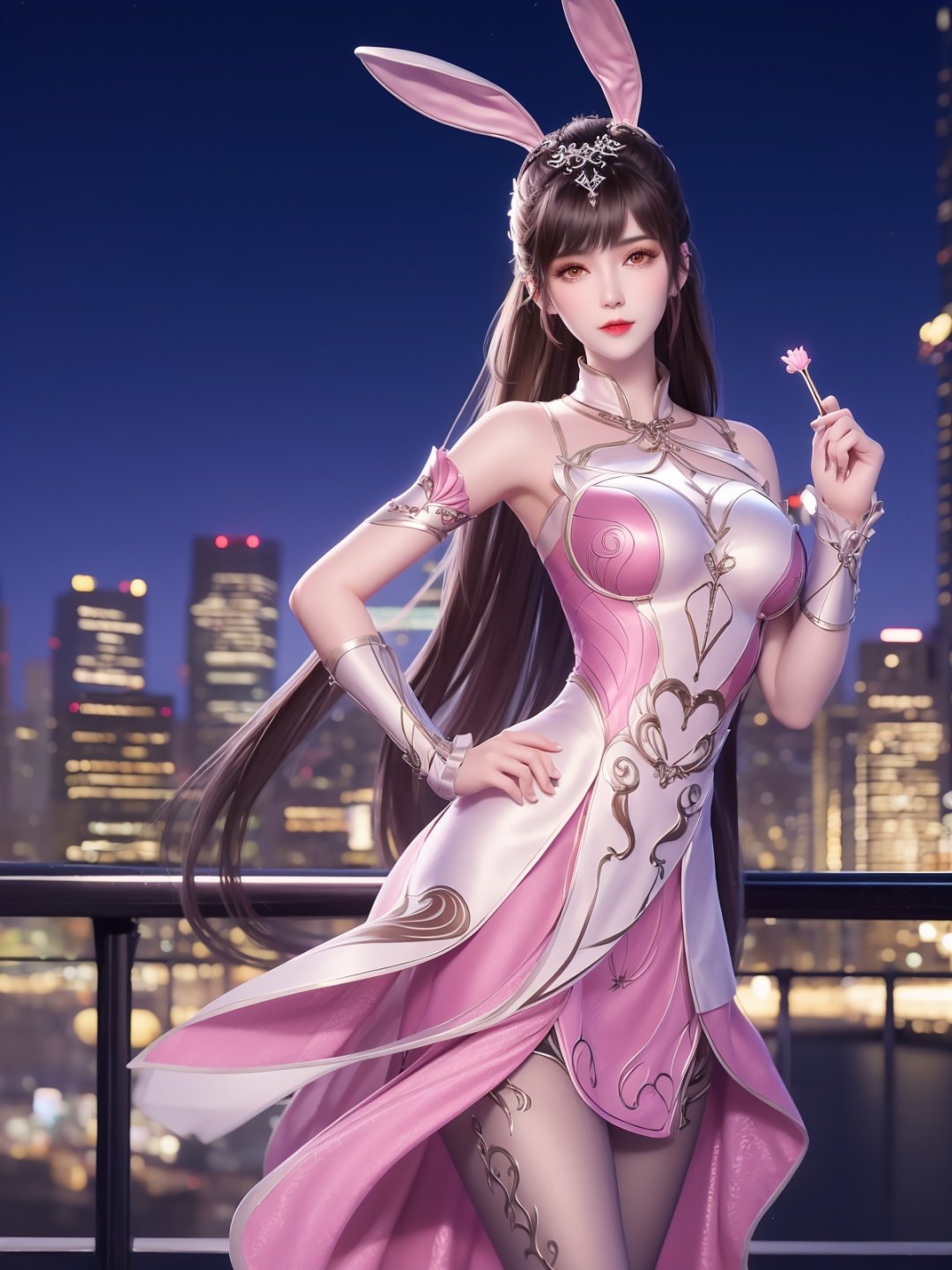 DLDLxiaowu, 1girl,solo, rabbit ears, pink dress, long hair, brown hair, hair ornament, ponytail, metal collar,pantyhose,wrist cuffs,looking at viewer,<lora:DLDLxiaowu:0.75>,mature female, cityscape, night, hand on hip,upper body, 