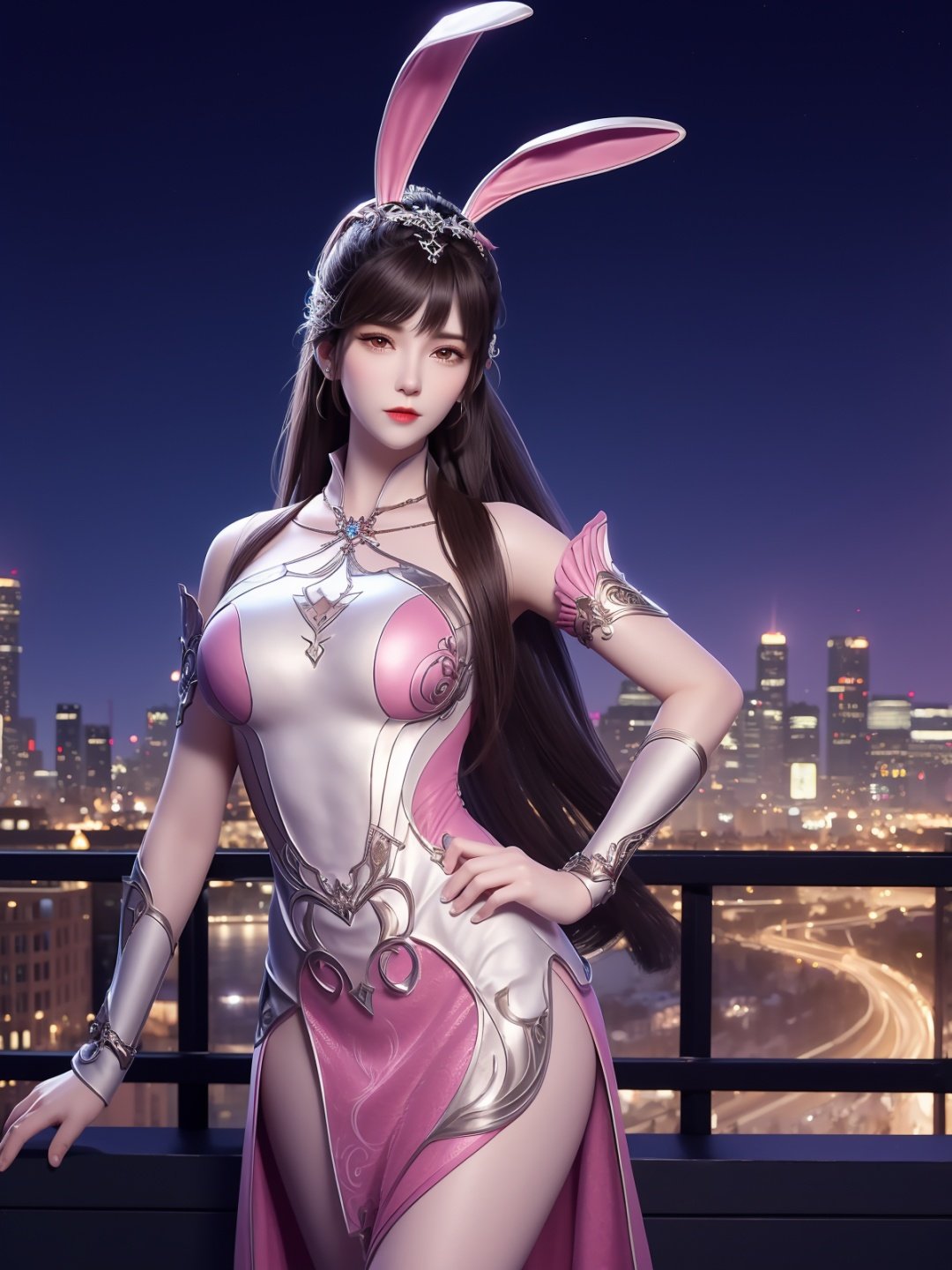 DLDLxiaowu, 1girl,solo, rabbit ears, pink dress, long hair, brown hair, hair ornament, ponytail, metal collar,wrist cuffs,looking at viewer,<lora:DLDLxiaowu:0.75>,mature female, cityscape, night, hand on hip,cowboy shot, 