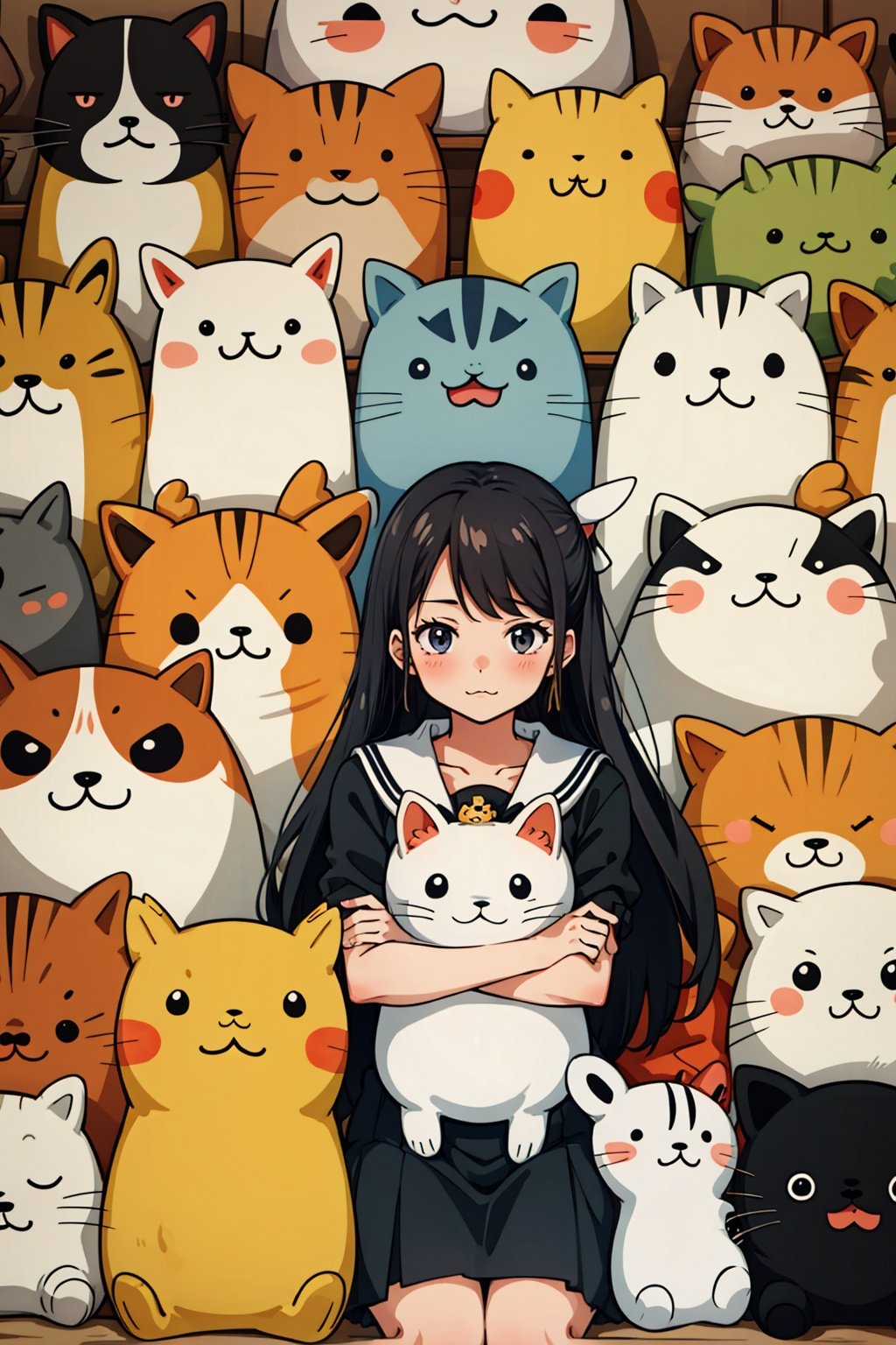 chick,too_many,stuffed_toy,stuffed_animal,stuffed_cat,:3,dog,hamster,teddy_bear,cat,ghost,bird,pokemon_\(creature\),kero,pumpkin,pikachu,jack-o'-lantern,bear,Kamado_Nezuko,WZRYbuzhihuowuYP,sailor moon,1girl,女帝,One piece