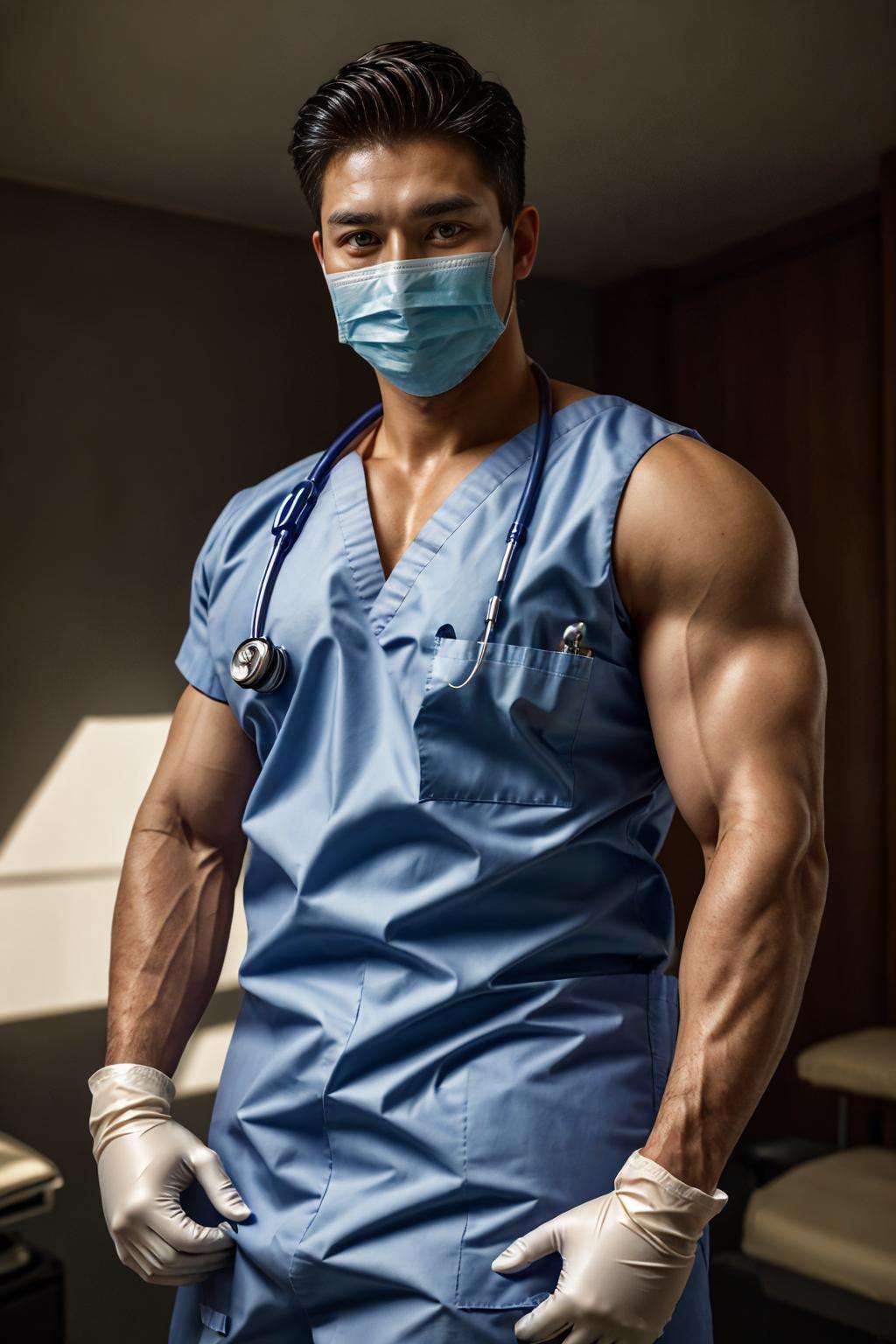 realistic, masterpiece, best quality, detailed, natural lighting, soft shadow, detailed background, photography, depth of field, intricate details, detailed face, subsurface scattering, realistic eyes, muscular, photo of a handsome (korean man), sexydoctor, ((scrubs)), (30 years old), beard, gloves, surgical mask,