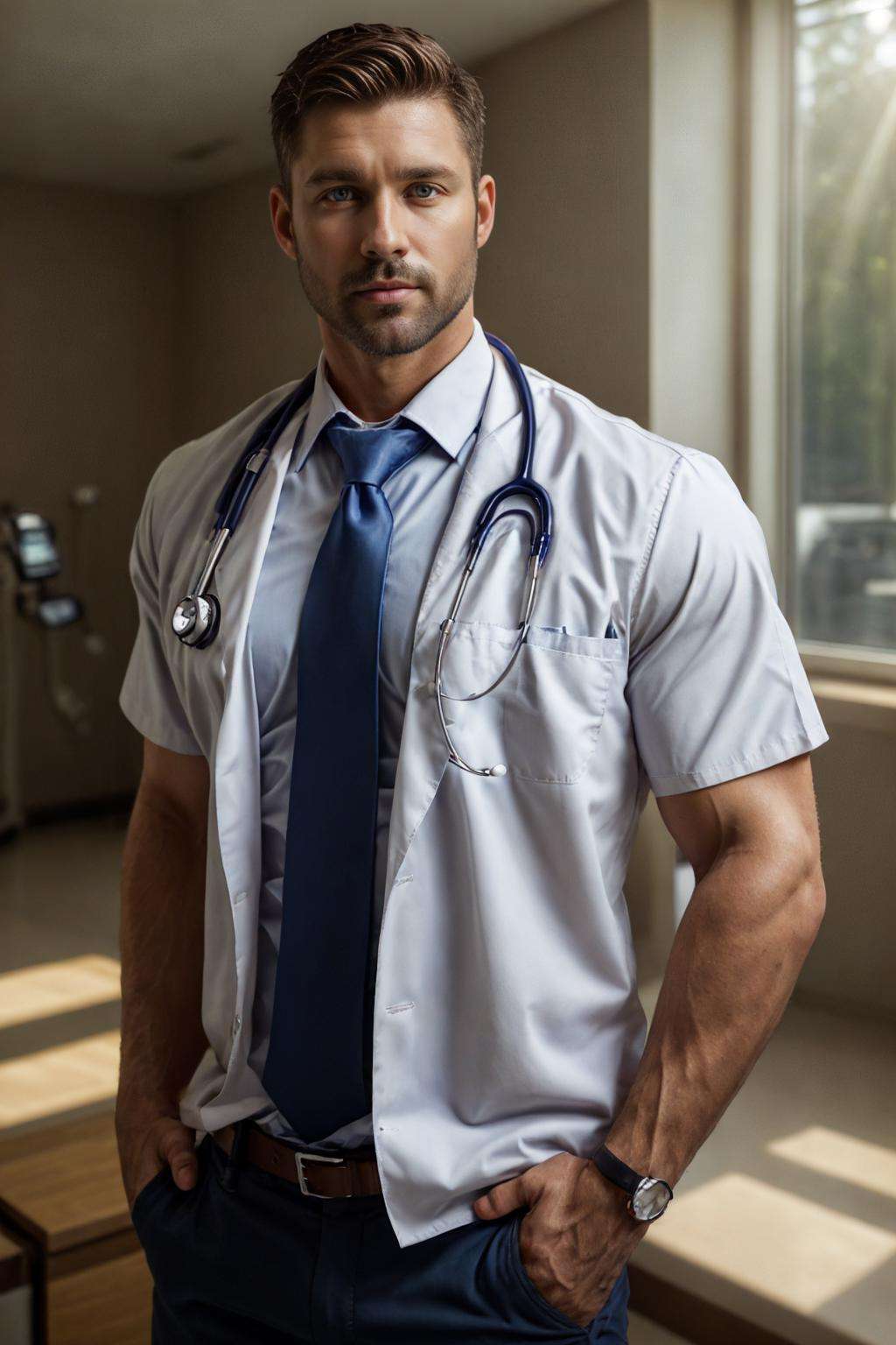 realistic, masterpiece, best quality, detailed, natural lighting, soft shadow, detailed background, photography, depth of field, intricate details, detailed face, subsurface scattering, realistic eyes, muscular, photo of a handsome man, sexydoctor, stethoscope, (collared shirt), necktie, pants, hospital, (40 years old), beard, brown hair, 