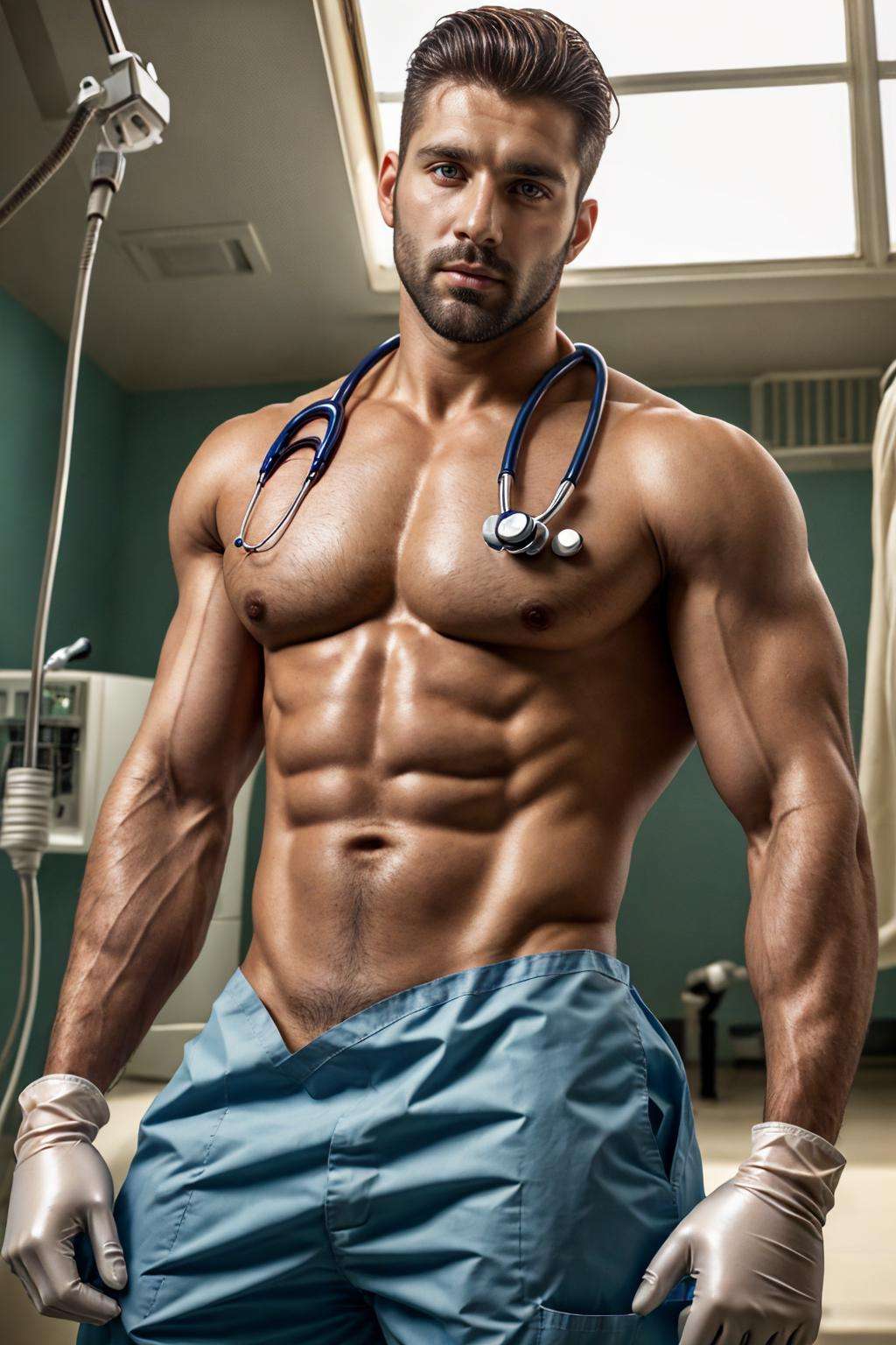 realistic, masterpiece, best quality, detailed, natural lighting, soft shadow, detailed background, photography, depth of field, intricate details, detailed face, subsurface scattering, realistic eyes, muscular, photo of a handsome (italian man), sexydoctor, scrubs, (30 years old), beard, gloves, hospital,