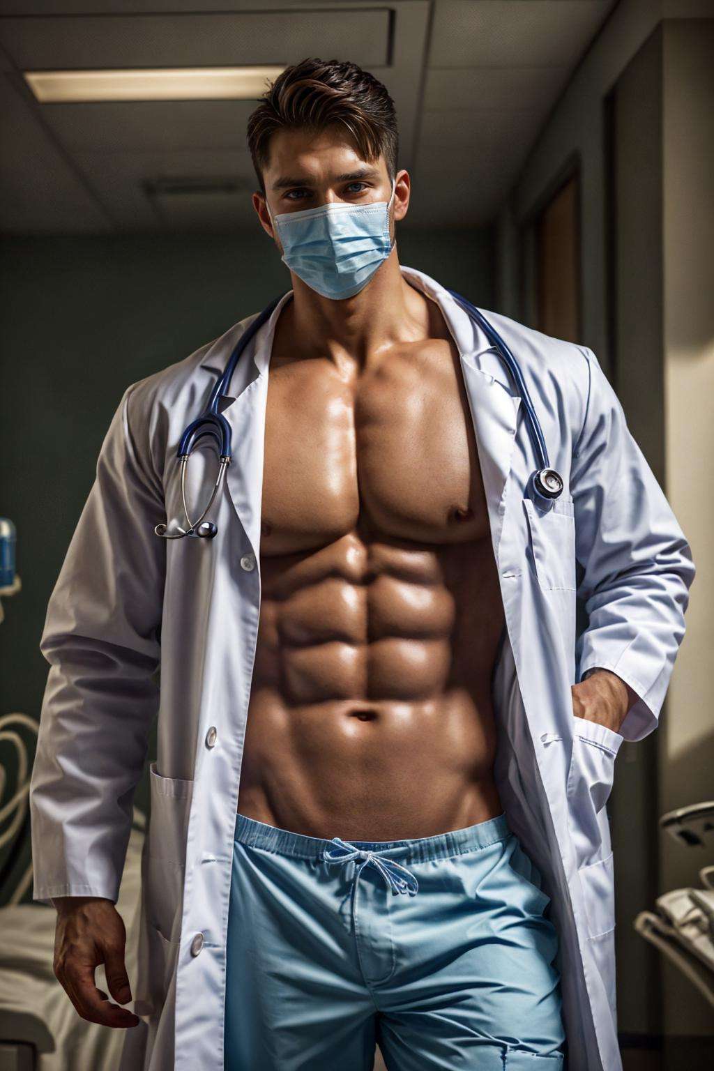 realistic, masterpiece, best quality, detailed, natural lighting, soft shadow, detailed background, photography, depth of field, intricate details, detailed face, subsurface scattering, realistic eyes, muscular, photo of a handsome man, sexydoctor, coat, (30 years old), hospital, stethoscope, surgical mask, pants,