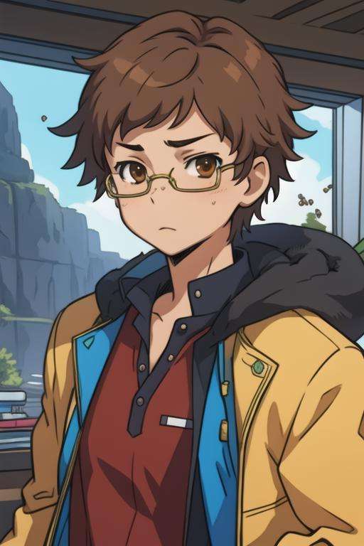 masterpiece, best quality, illustration, 1boy, solo, male focus, looking at viewer, upper body, , <lora:hisamitsu_noto:0.68>, hisamitsu_noto, brown hair, brown eyes, glasses, , henley, , science fiction science fantasy, High definition