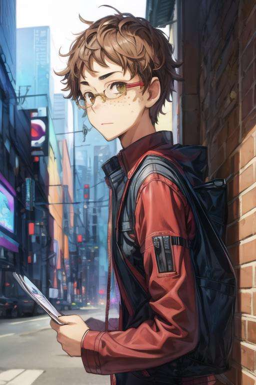 masterpiece, best quality, sketch, 1boy, solo, male focus, looking at viewer, , , <lora:hisamitsu_noto:0.76>, hisamitsu_noto, brown hair, brown eyes, glasses, freckles, oxford shirt, , cyberpunk,