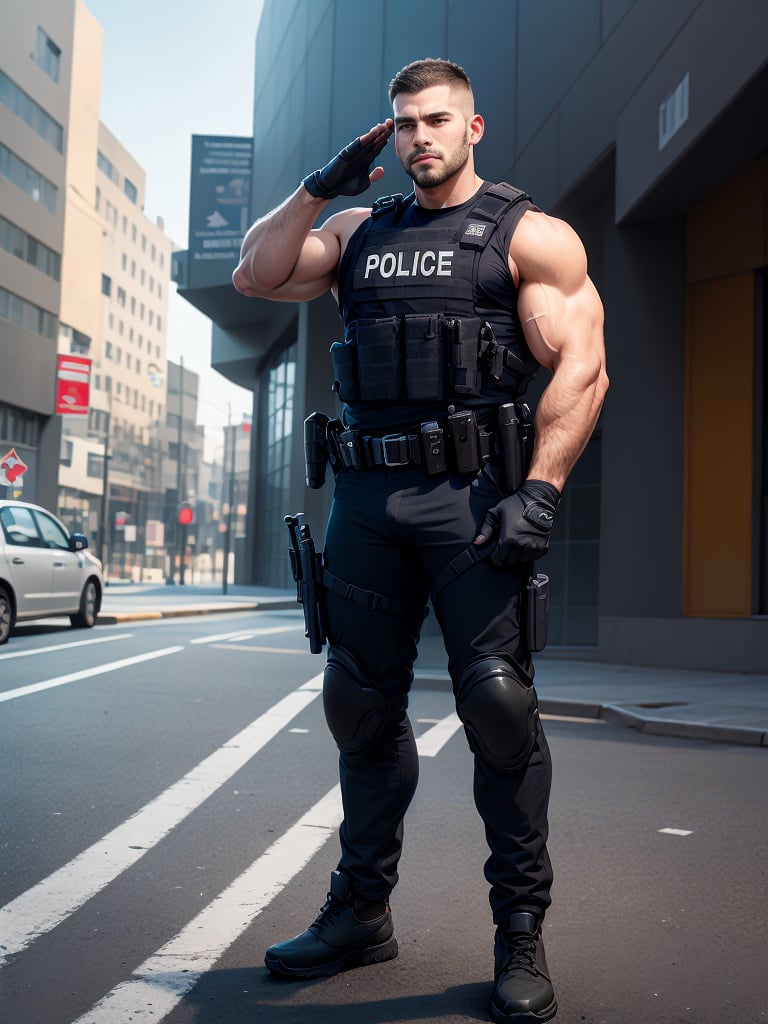 best quality, masterpiece, super high resolution, simple background, realism, illustrations, volumetric lighting,single,1boy, muscle, facial hair, serious,full body, crew cut,armed police, on_the_road,wolking on the street, salute,  Tactical gloves, 