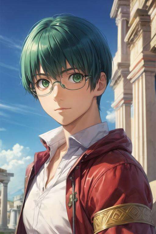 masterpiece, best quality, sketch, 1boy, solo, male focus, looking at viewer, upper body, , <lora:yuusaku_kitamura:0.68>, yuusaku_kitamura, green hair, green eyes, short hair, glasses, , , ancient rome, High definition