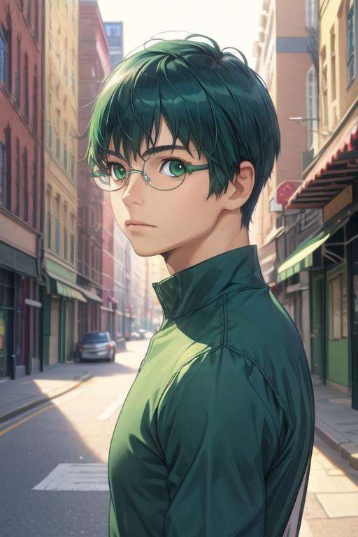 masterpiece, best quality, photorealistic, 1boy, solo, male focus, looking at viewer, , , <lora:yuusaku_kitamura:0.76>, yuusaku_kitamura, green hair, green eyes, short hair, glasses, , The City of Glas,