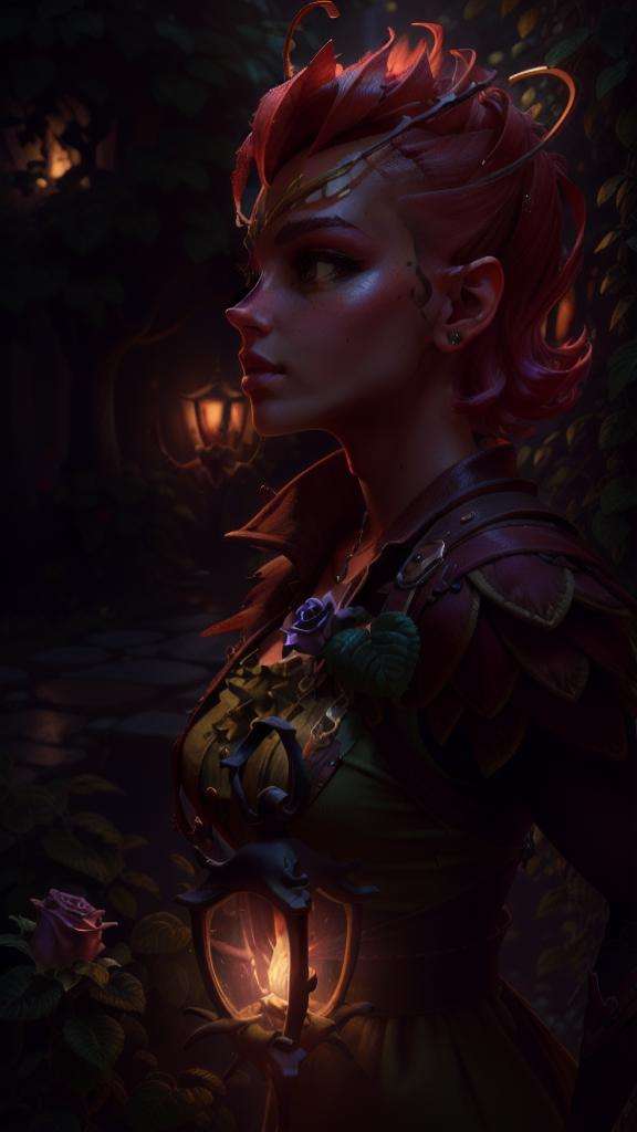 best quality ,beautiful,gorgeous , highly detailed , unreal engine , octane render   ,  , detailed face,smug, ray traced reflections, mature  , 8k high res  , extremely detailed eyes  , masterpiece, (mj:0.2),short hair <lora:darkWillow:0.7>,dark willow ,1girl,green dress,holding a glowing purple lantern, in a lush and vibrant rose garden,mireska