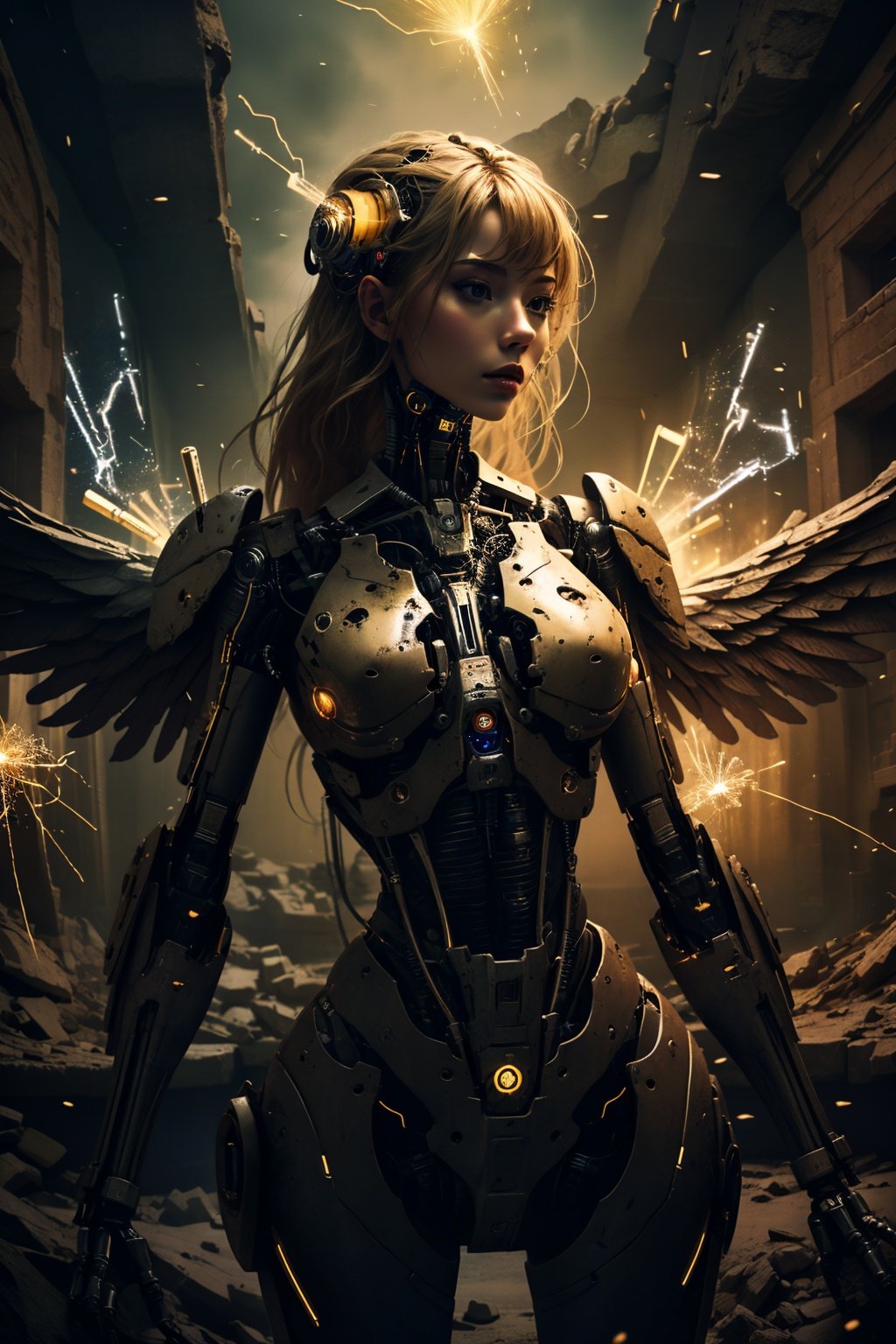 Alien cursed theme, mockup, beautiful semi-cyborg female with bot wings, biometal arms, ruins of mars bg, (lots of electric sparks:1.2), Sony Alpha 7S III (A75 III), Simple, hyperdetailed, medium shot, cinematic , <lora:fantchar_v4:1>