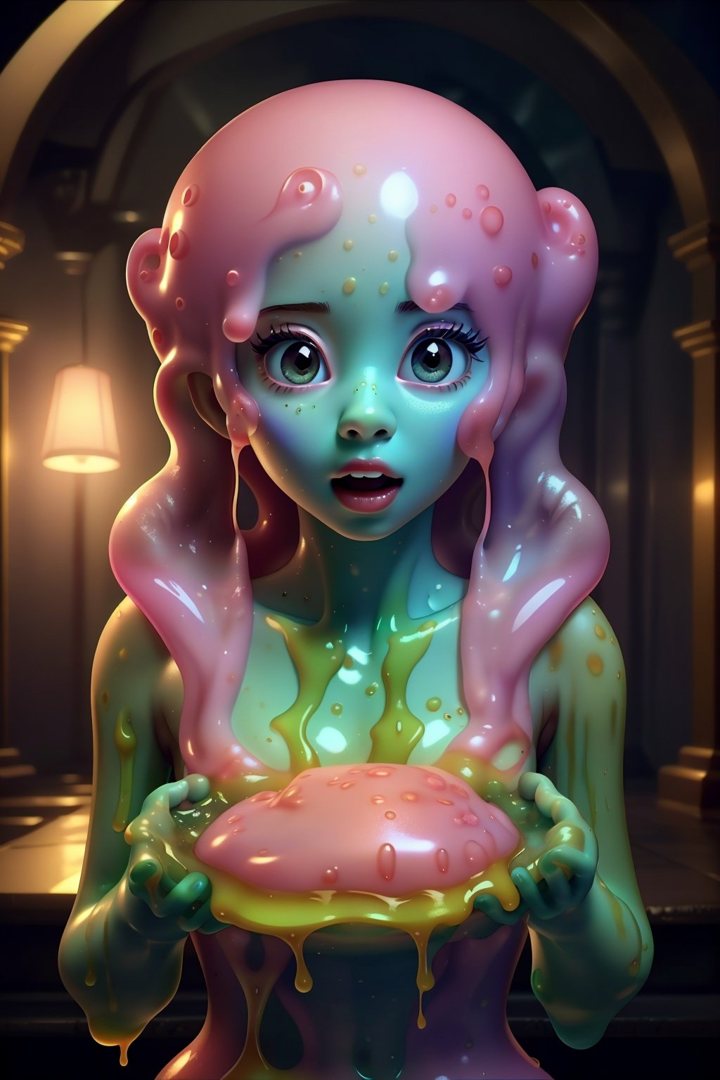 cute adorable girl, (FantChar:1.1), age 20, (disney pixar style:1.2), (pink slime girl:1.3), (colored skin, pink skin, smooth skin:1.2), slime alien, sexy slimegirl, (shocked afraid facial expression:1.3), mouth open, (best quality, masterpiece, 4k, ultra detailed, sharp focus, 8k, high definition:1.2) , <lora:fantchar_v4:1>