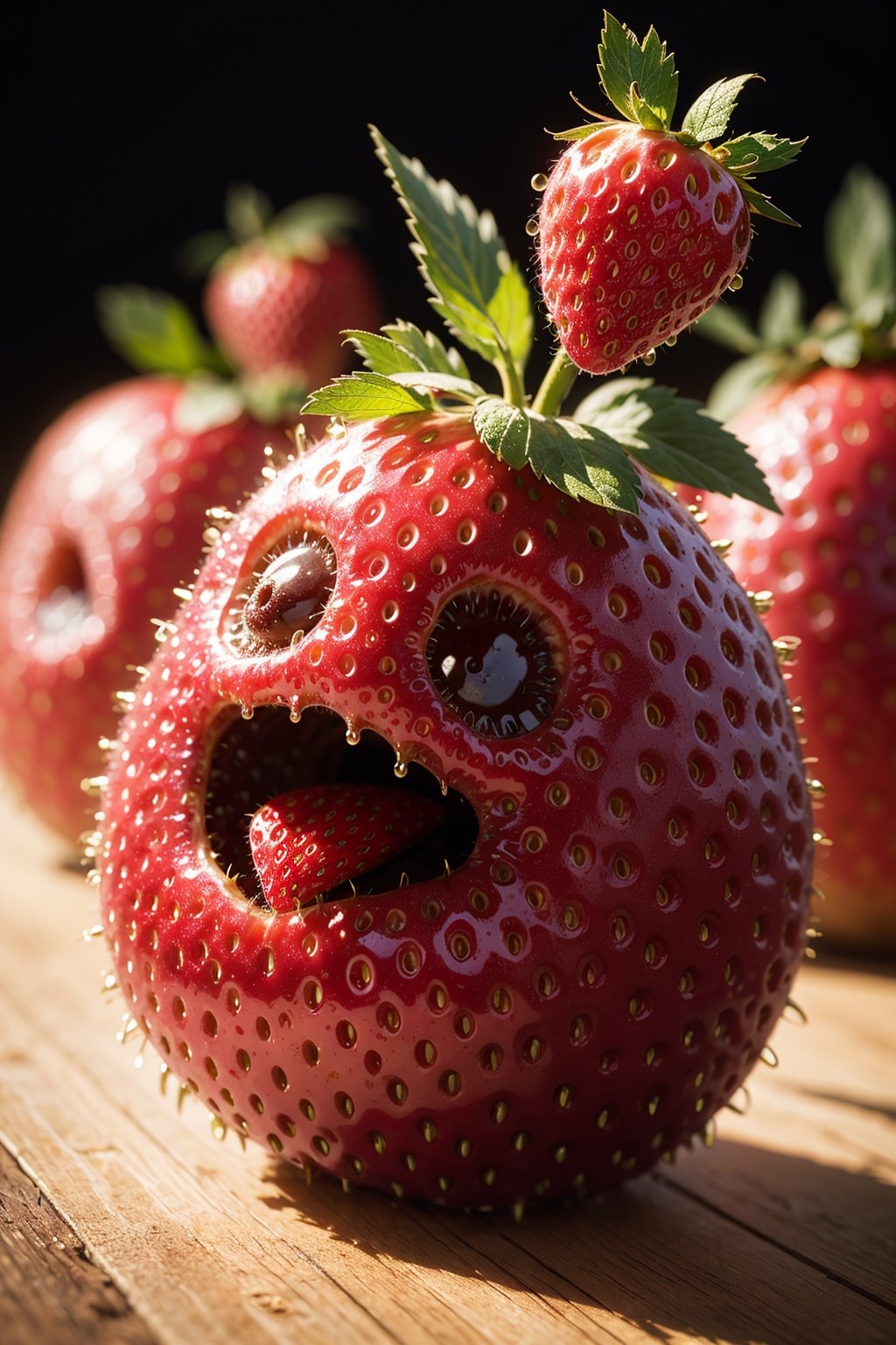 very cute appealing anthropomorphic strawberry,looking at the viewer,big grin,happy,fruit,berry,droplets,macro,sunlight,fantasy art,dynamic composition,dramatic lighting,epic realistic,award winning illustration, 3d render, cgi, symetrical, octane render, 35mm, bokeh, (intricate details:1.12), hdr, (intricate details, hyperdetailed:1.15)