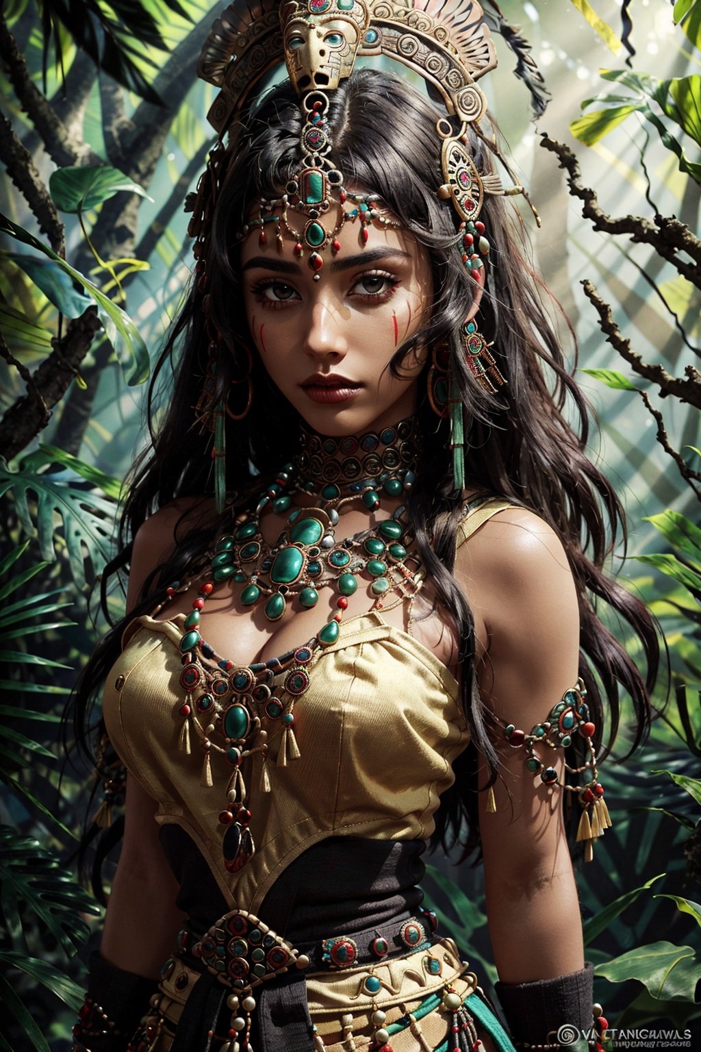 medium close up, visible up to the waist
, Aztec woman, medium breast, Aztec traditional long colorful dress, shining smaragd jewelery, Aztec headdress, bright glowing caramel eyes, black hair,, facial marks, standing before an aztec temple in a jungle as backround, athletic, volumetric lighting, best quality, masterpiece, realistic, vibrant colors,