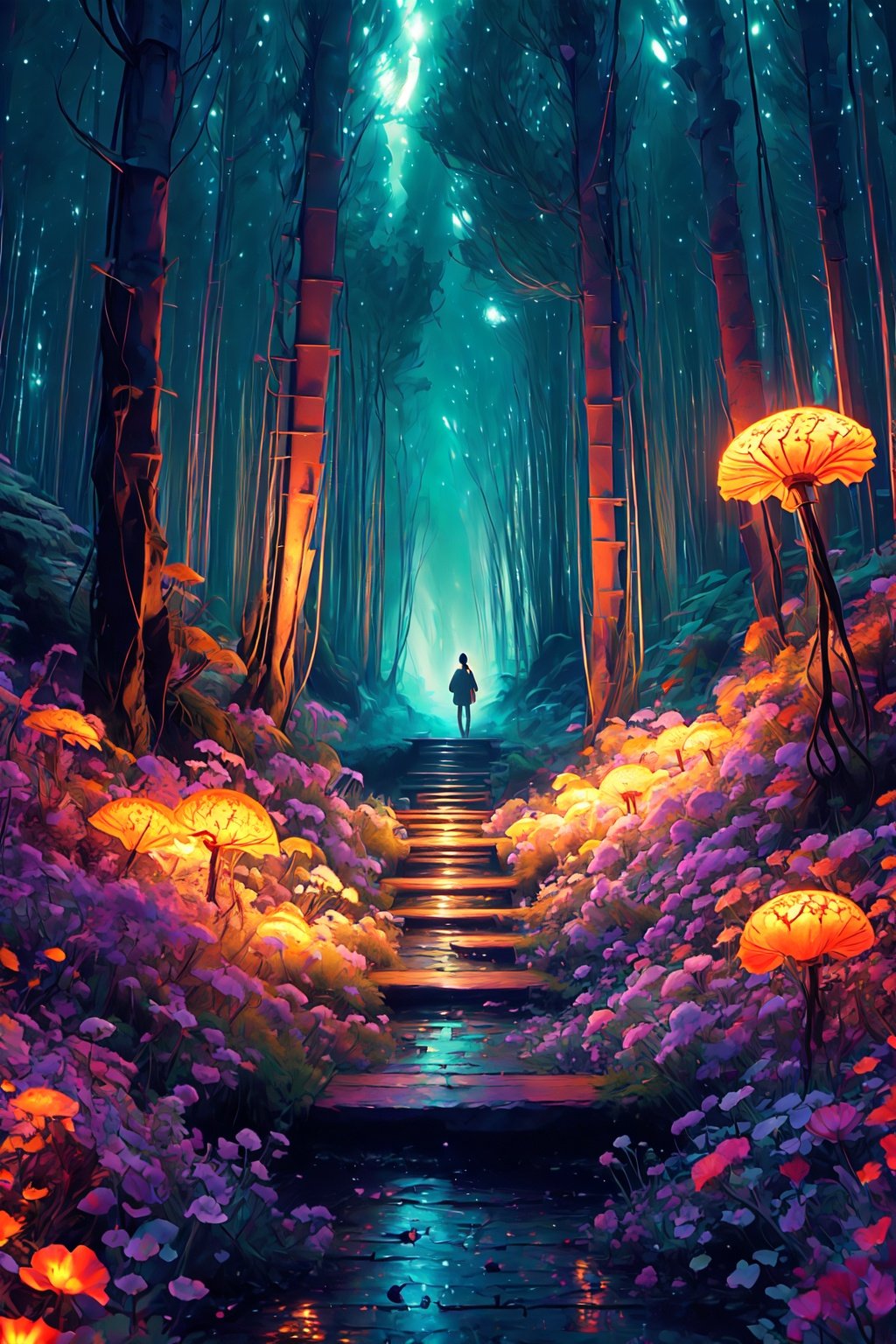 A captivating Japanese torii gate, standing tall amidst an enchanted bioluminescent forest that emanates ethereal beauty and a touch of magic. This mesmerizing scene is inspired by the unique style of Cathleen McAllister, blending elements of realism and fantasy. The torii gate is illuminated by the soft, enchanting glow of bioluminescent bugs, creating a wondrous and otherworldly atmosphere. The digital artwork is a testament to the artist's creativity and attention to detail, transporting viewers to a world of enchantment and awe. The color scheme features a mesmerizing array of luminescent hues, adding to the magical allure of the forest. Skillfully using digital art techniques, the artist brings the scene to life, evoking a sense of wonder and inviting viewers to immerse themselves in this enchanting realm.