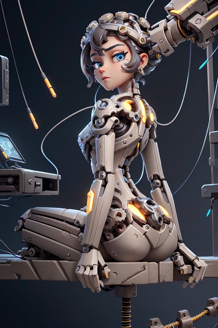 ((Masterpiece)), ((best quality)), ((ultra-detailed)), ((highly detailed CG illustration)), ((an extremely delicate and beautiful)), (cute delicate face), cinematic light, (1 mechanical girl), solo, full body, (machine-made joints:1.4), ((mechanical vertebra attaching to the back)), ((mechanical cervical attaching to the neck)), ((sitting)), (wires and cables attaching to the head and body:1.5), (glowing neon accents), (mechanical gears and pistons), (meticulous craftsmanship), (shimmering metallic textures), (futuristic background), (advanced technology), (subtle reflections), (captivating eyes), (intricate details), (exquisite beauty), (artistic elegance), (best quality), (artistic excellence).