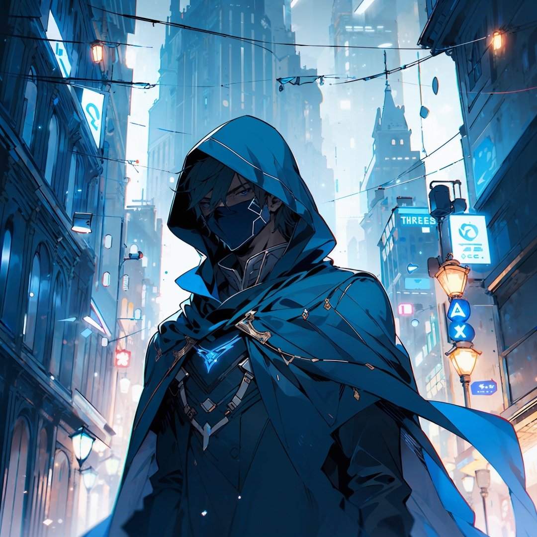 niji,<lora:niji-V1:1>,1boy,City,Masks,Cape,Hood,