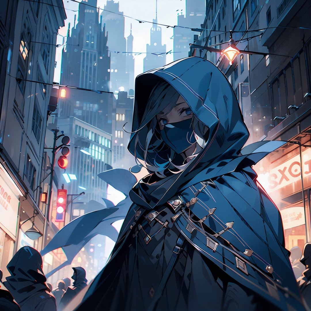 niji,<lora:niji-V1:1>,1boy,City,Masks,Cape,Hood,