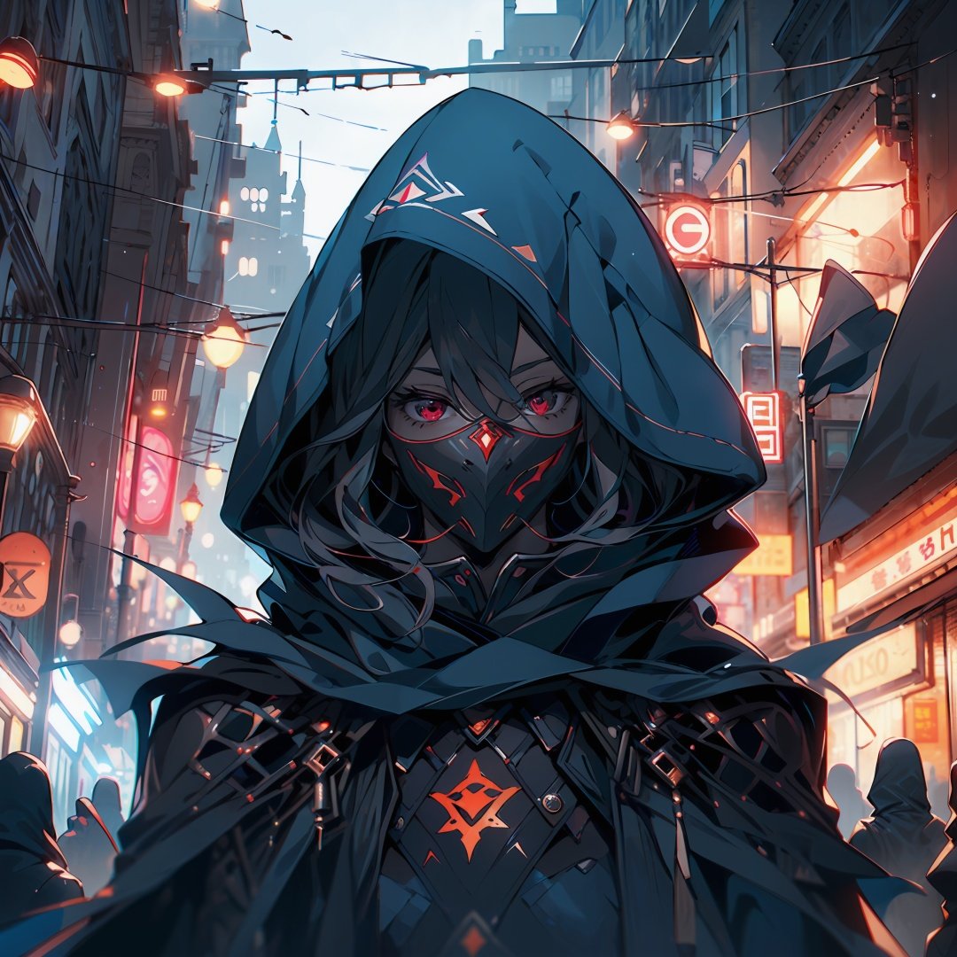 niji,<lora:niji-V1:1>,1boy,City,Masks,Cape,Hood,