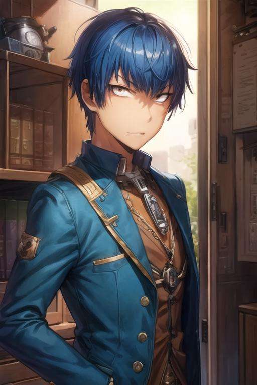 masterpiece, best quality, illustration, 1boy, solo, male focus, looking at viewer, , , <lora:ryuuji_takasu:0.74>, ryuuji_takasu, blue hair, sanpaku, , , steampunk, 4k resolution