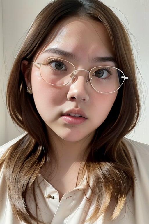 ((blonde)), woman, ((15 yo)), (((rounder cheeks))), massive cuteness, brown eyes  pair of eyeglasses, angry, ((wearing a white shirt)),  Raw, hires, close-up, 