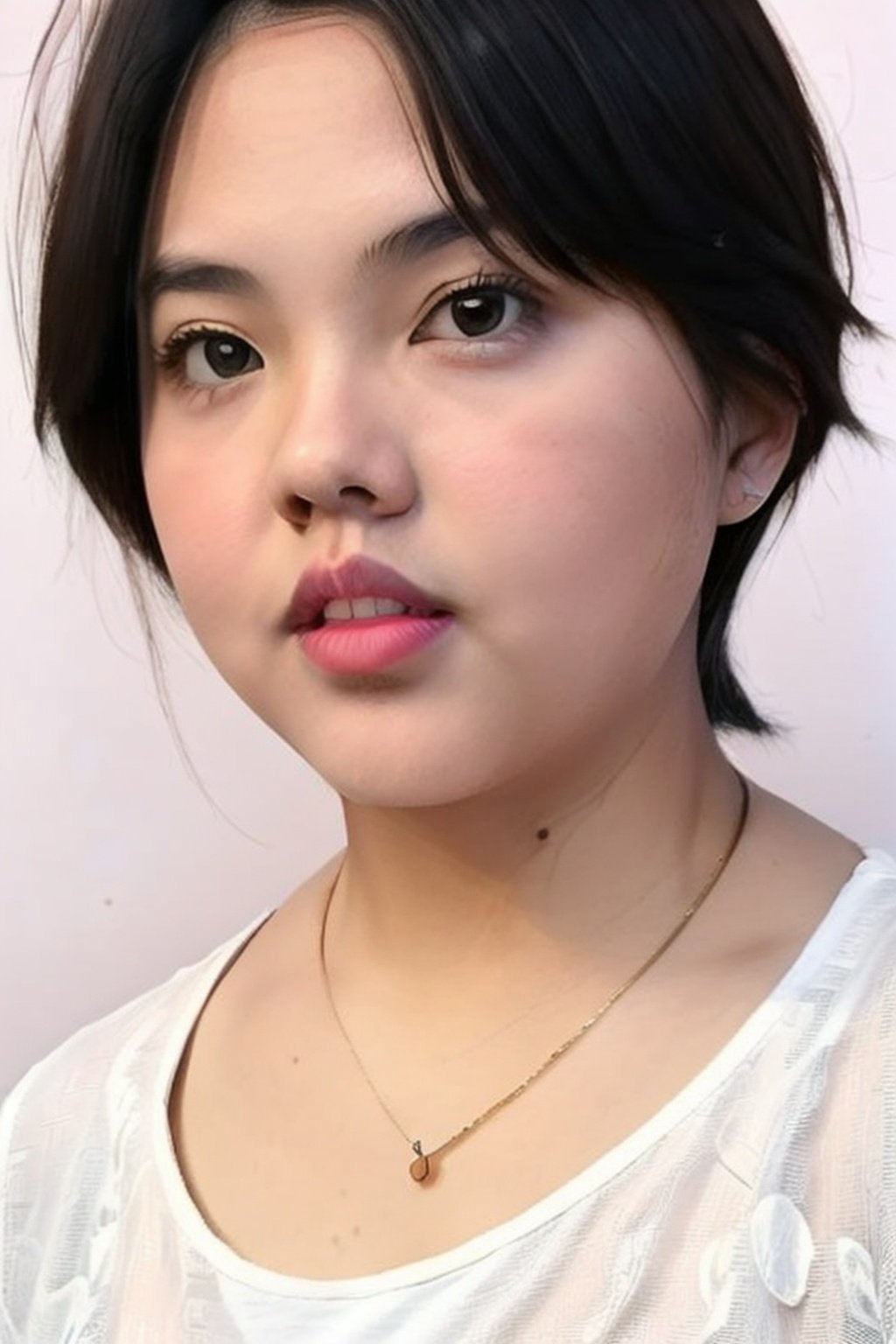 woman, ((15 yo)), ((rounder cheeks)), chubby cheeks, short black hair, cute,  pink lips, wearing a white shirt,  Raw, 8K, extraordinary background, fantastic background, hires, close-up ,fate/stay background,Ajmrxyz