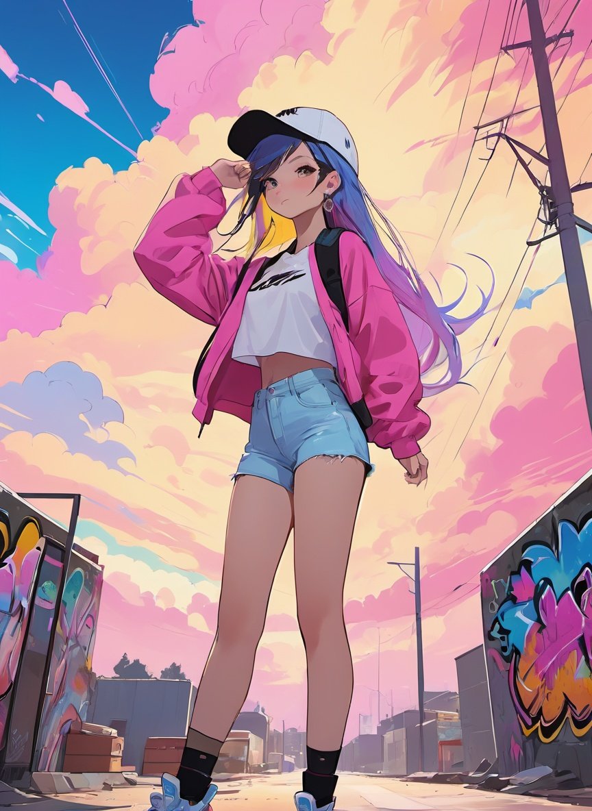 (official art, unity 8k wallpaper, ultra detailed, High quality, best quality), extremely detailed illustrition, (graffiti art), street style fashion, (Poladroid:0.8), cinematic angle, oblique sideways, (round image:1.1), [(pale yellow background:1.5): :5]//, rich colorful, (chromatic aberration), alternate color,\n(1girl:1.2), long messy hair, [pink light:2 | blue:1] hair, white fashion hat, midriff, balck hot pants, loose socks, earrings, full body,\n(colorful clouds:1.2), beautiful sky, detailed backgrounds, (colorful backgrounds:1.3),<lora:add_detail:1>