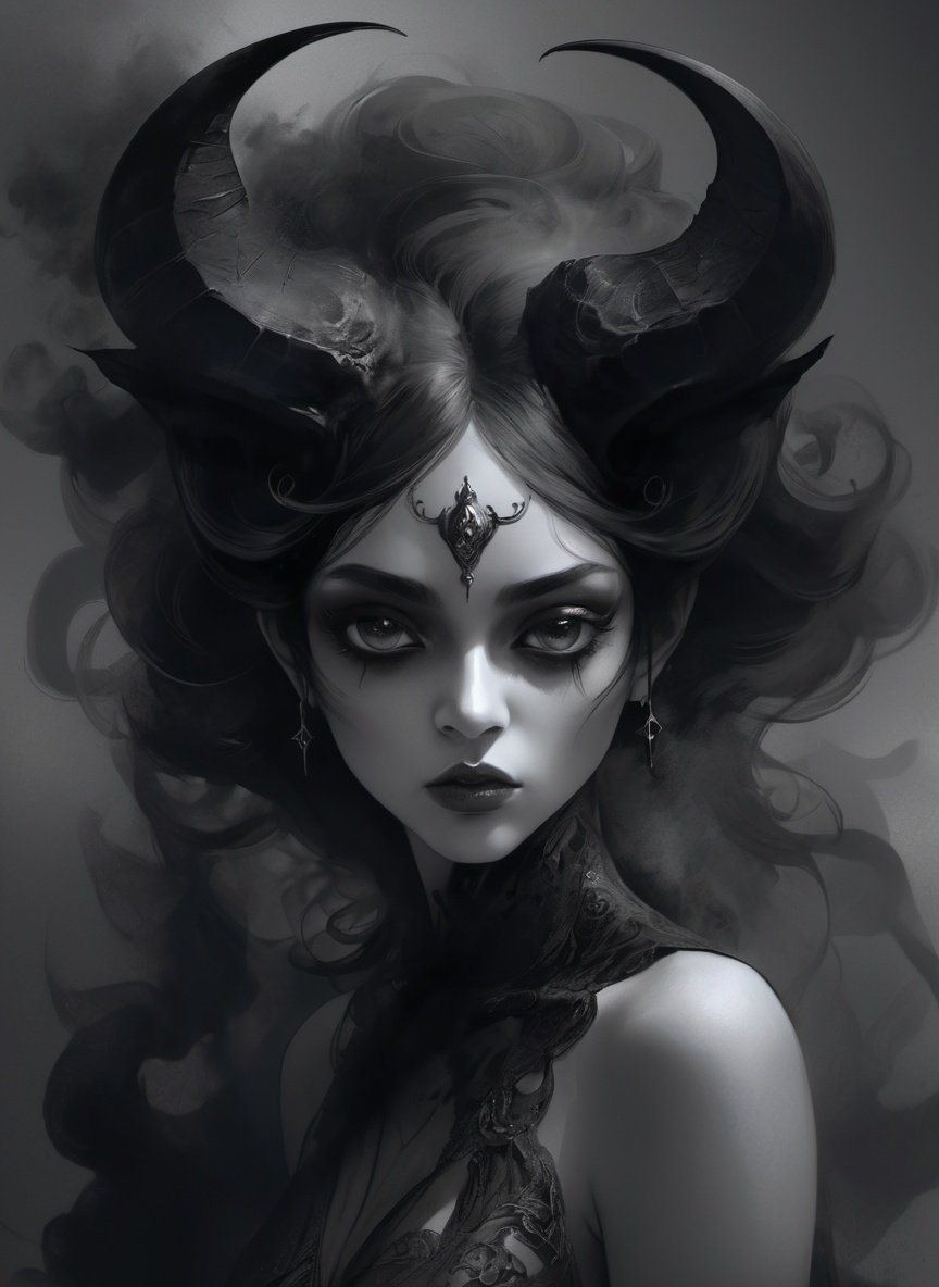 dark theme portrait of demon girl in the style of bastien lecouffe deharme, dreamy and ethereal, expressive pose, big black eyes, exciting expression, fantasy, intricate, elegant, dark and moody smoke, highly detailed, digital painting, concept art, smooth, sharp focus, illustration, black flowing ink, blackened eyes