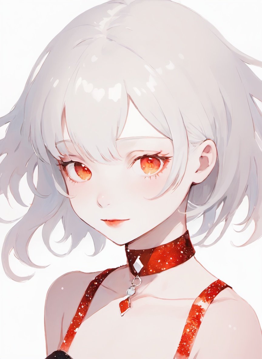 simple background, (1girl), paprika, white hair, head tilt, albino, [watercolor], choker, sparkle, best quality