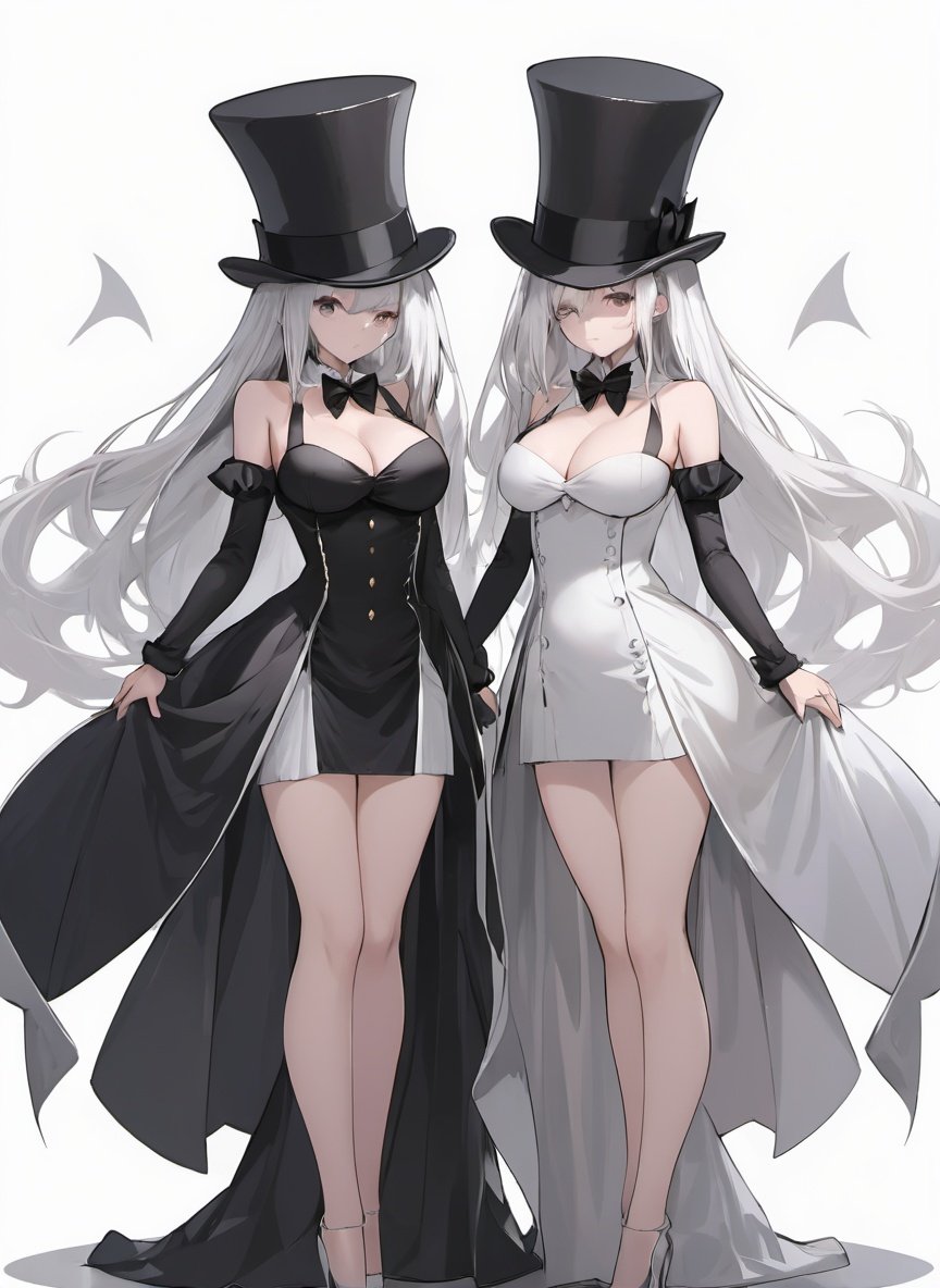 2girls, facing viewer, symmetry,large breasts, very long silver hair, black dress, magician bow, top hat, white dress, white background