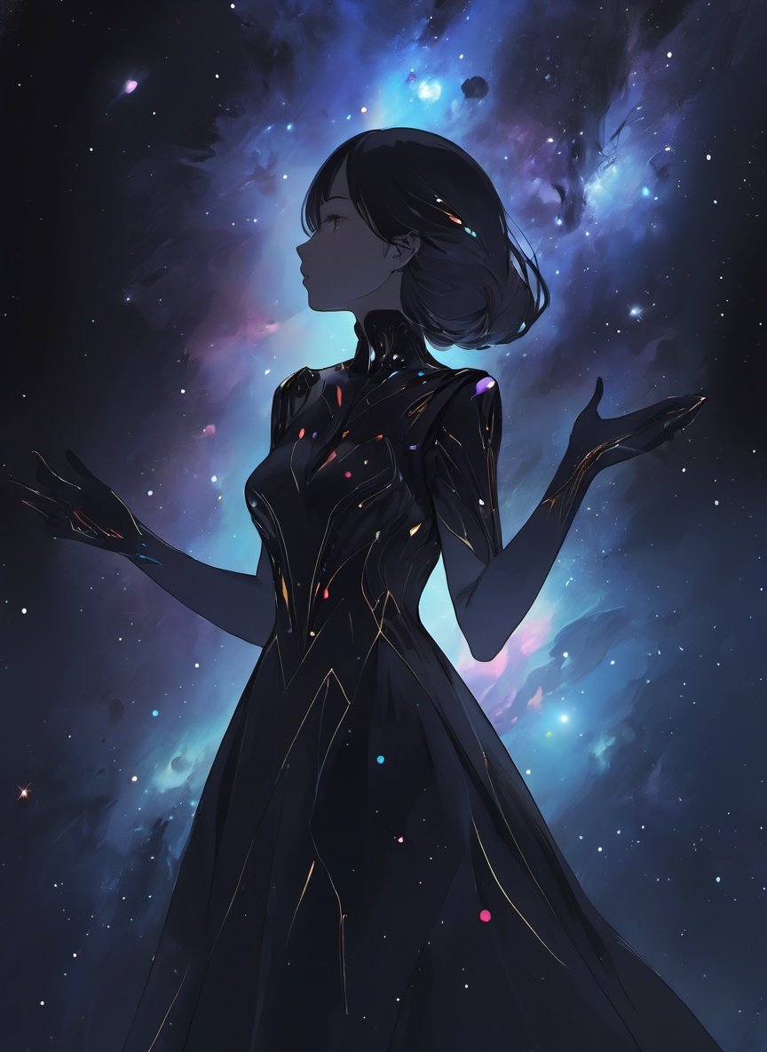 masterpiece, best quality, ultra high res, (abstract art:1.3), (dark art:1.3), deep shadow, dark theme, 1girl, cosmic dress, cosmic beauty, in space, nebula, <lyco:GoodHands-beta2:1.0>, nice hands, perfect hands,