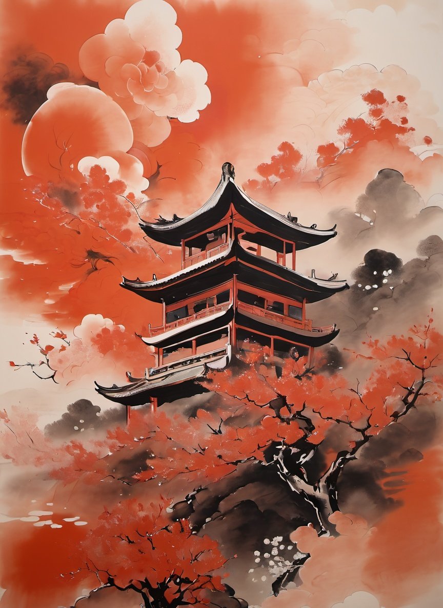 In the style of traditional Chinese painting, using vermillion pigment, there is an explosion depicted in a radial pattern from the center. The explosion is portrayed with bold brushstrokes and vibrant colors, capturing the intensity and force of the blast. The vermillion pigment is applied in a way that creates a textured, grainy effect, adding depth and a sense of granular particles to the artwork. The composition also incorporates the use of ink wash, with subtle washes of black ink blending with the vermillion pigment, creating a harmonious and dynamic contrast. The combination of the vermillion pigment and ink wash techniques adds a sense of traditional Chinese painting aesthetics to the overall piece, enhancing its visual impact.