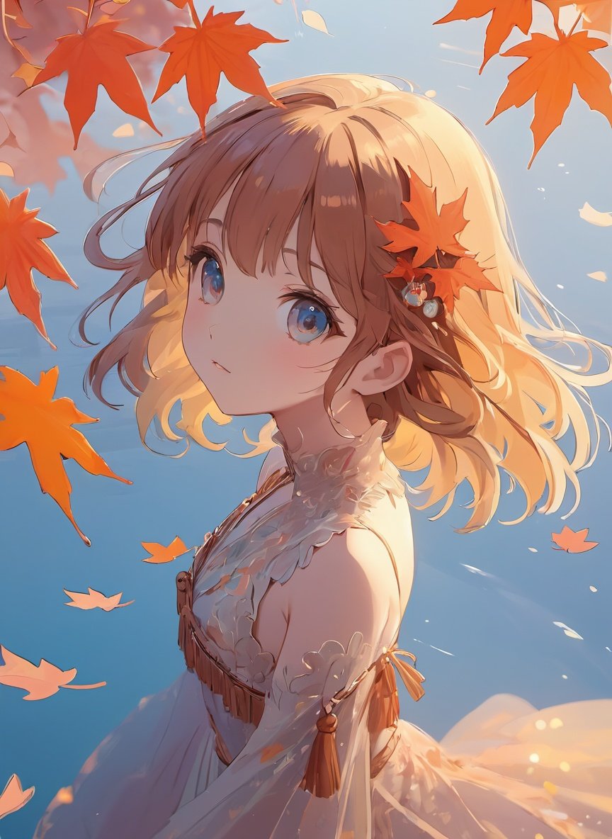 Style: (Poetic: 1.1)，Theme: girl and Autumn Maple Leaves，Vivid and soft colors, (natural beauty:1.2), (poetic mood:1.2), (freehand brushwork:1.2)//((masterpiece)), (((best quality))), ((ultra-detailed)), ((illustration)), maple leaves, (scattered flying:1.2)，(Vivid imagination :1.1), (artistic interpretation:1.2), (subtle details:1.1), (ethereal atmosphere:1.05),(graceful and elegant:1.3),(girl and maple leaves interlace:1.2)1girl,loli,（tassel：0.8）,wavy hair,(Watery eyes:0.7), half body,hair ornament, small breasts,Facial detail，cute facewide Angle lens, close-up,Visual Angle：[(from behind:0.4)::from above]//((visual impact,fantasy,chromatic aberration)),(Floating：0.4)，((extremely detailed)), ((high saturation)),（iridescent：0.7）<lora:add_detail:0.8>     <lora:midjourney_20230624181825:0.4>