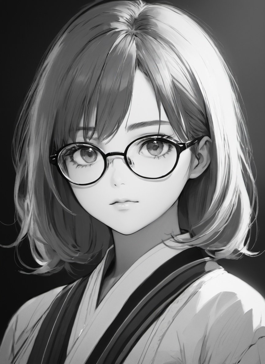 1lady, solo, glasses, monochrome, greyscale, portrait, serafuku, , traditional media,  <lora:misakistyle:1> misakistyle, masterpiece,best quality,sharpness, perfect eyes, detailed eyes, detailed hair,