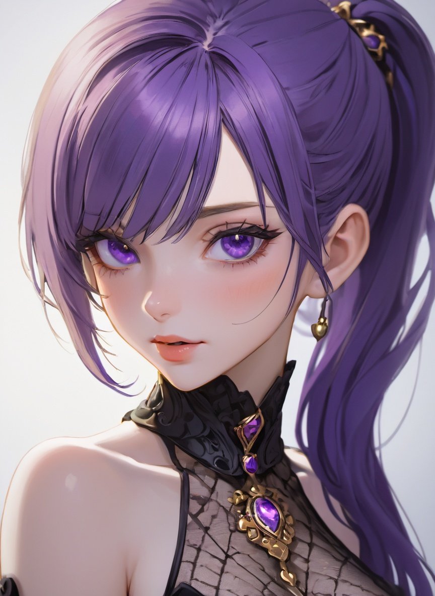 <lora:fiona:0.87> fiona, purple hair, lips, purple eyes, ponytail, bare shoulders, see-through, collarbone, masterpiece,best quality, Artstation, ultra detailed, photography ,cinematic, highres, original, (Hyper Realistic detailed eyes, detailed skin pores,),perfect lighting, delightful,intricate , attractive, revealing , appealing,hypermaximalist, elegant, Ornate,(cowboy shot),dynamic angle,(50mm Sigma f/1.4 ZEISS lens, F1.4, 1/800s, ISO 100, photograpy:1.2),Alluring, Flirtatious, Amative,  <lora:add_detail:0.47:NF>,