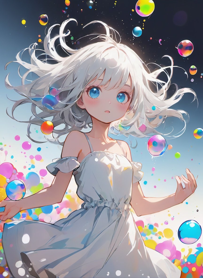 (Masterpiece:1.2), (best quality:1.2), (illustration:1.2), (low saturation:1.45), (low contrast:1.45), (low brightness),(1girl:1.3),loli, (disheveled hair:1.2), white hair, blue eyes, (detailed anima face:1.2), small breasts, bare shoulders, white dress,(Colorful background:1.2), (surrounded by colorful splashes), colorful bubbles, (bright color),paint, (floating), (black and white:1.2), (dynamic angle),