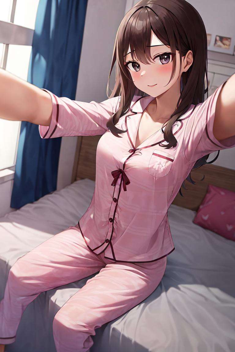 masterpiece, best_quality, 1girl, solo, ffc selfie, on bed, pajamas, 