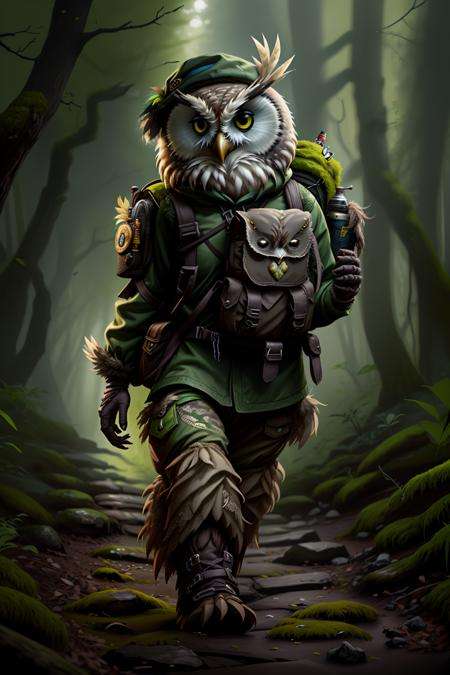fantchar, an owl character walking through a mossy trail in a brightly lit forest, wearing a backpack and feathered cap, hiking boots, intricate, highly detailed, realistic, solo