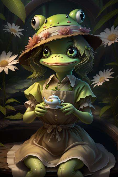 fantchar, an adorable frog creature in a brown apron and flowery hat and having tea in a lush garden, humanoid, artistic, intricate, highly detailed