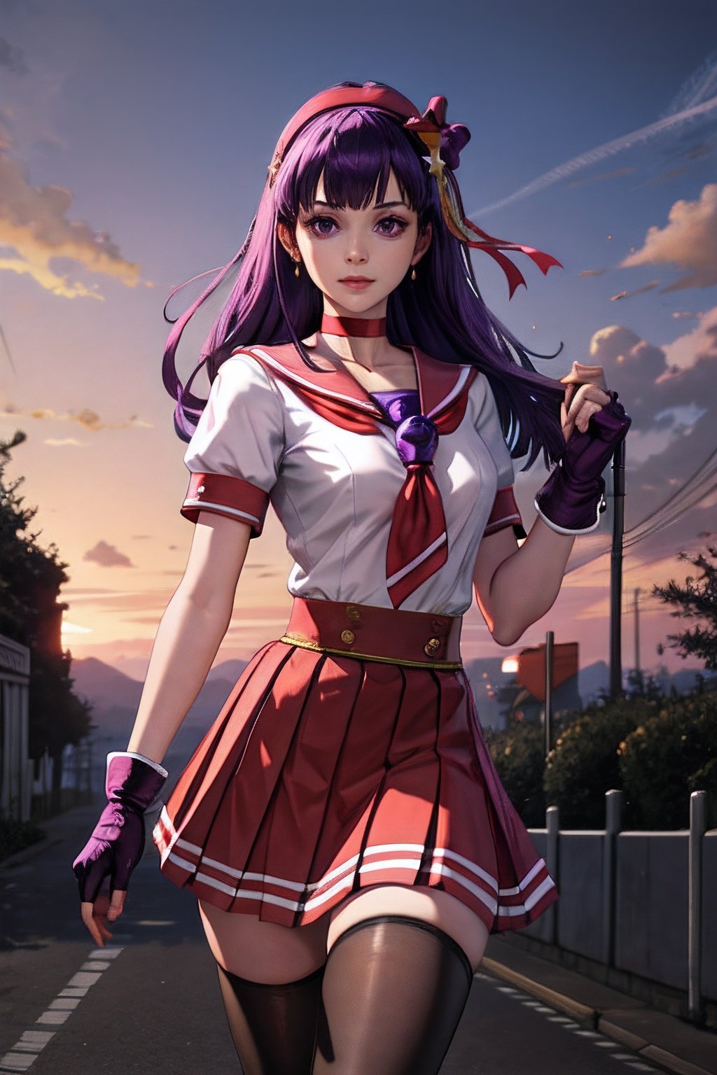 asamiya_schooldress_ownwaifu,gloves,hairband,long hair,purple eyes,purple hair,school uniform,fingerless gloves,red hairband,skirt,star (symbol),hair ornament,thighhighs,breasts,black thighhighs,serafuku,star hair ornament,choker,ribbon,hair ribbon,bangs,black gloves,bow,masterpiece,best quality,ultra detailed, 8k, cinematic light,sidelighting,highly detailed, scenery,pose,straight-on,solo,looking at viewer, 