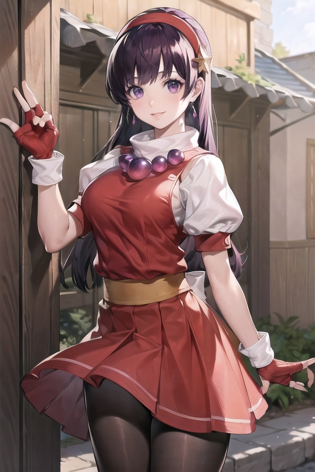 asamiya_white_top_ownwaifu,hairband,long hair,purple hair,gloves,fingerless gloves,purple eyes,red hairband,jewelry,star (symbol),hair ornament,pantyhose,skirt ,star hair ornament,breasts,earrings,vest,short sleeves,necklace,red skirt,bangs,large breasts,red gloves,puffy sleeves,shirt,white shirt,


masterpiece,best quality,ultra detailed, 8k, cinematic light,highly detailed, scenery,pose,solo,looking at viewer,